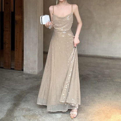 Spaghetti Maxi Strap A-Line Dress Sequin