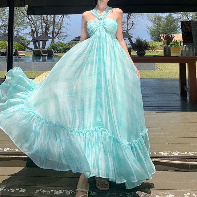 Halter Neck Tie Dress Ruffle Hem Maxi Dye A-Line