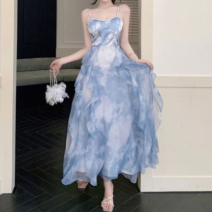 Strap Chiffon Tie Hem Dress Maxi Spaghetti Dye Ruffle Sun