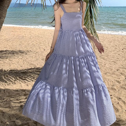 Square Maxi Sun Neck Spaghetti Striped Ruffle Strap Dress