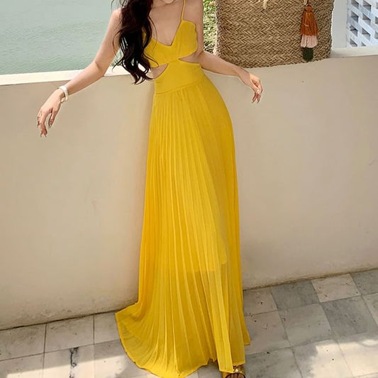 Strap Dress Maxi Pleated Chiffon V-Neck Cutout Spaghetti