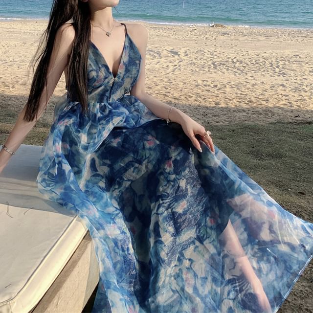 Tie Dress V-Neck Spaghetti Print A-Line Maxi Strap Dye