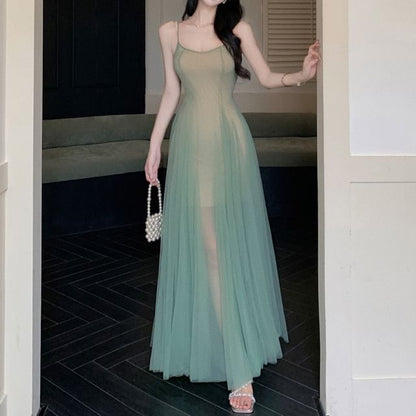 Dress Sheer Scoop Neck A-Line Spaghetti Strap Maxi
