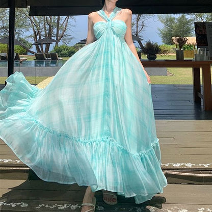 Halter Neck Tie Dress Ruffle Hem Maxi Dye A-Line