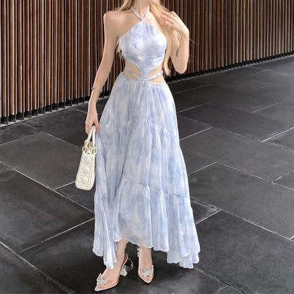 A-Line Tie Dye Dress Spaghetti Strap Halter Cutout Neck Maxi