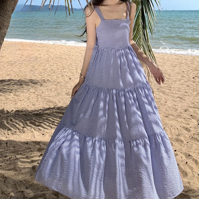 Square Maxi Sun Neck Spaghetti Striped Ruffle Strap Dress