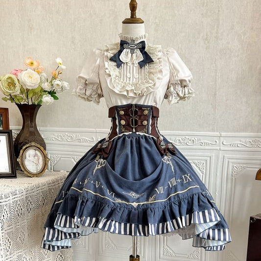 Lolita Puff-Sleeve Plain Lace Trim Ruffle Shirt / Bow Belt / High Waist Graphic Print A-Line Skirt / Set