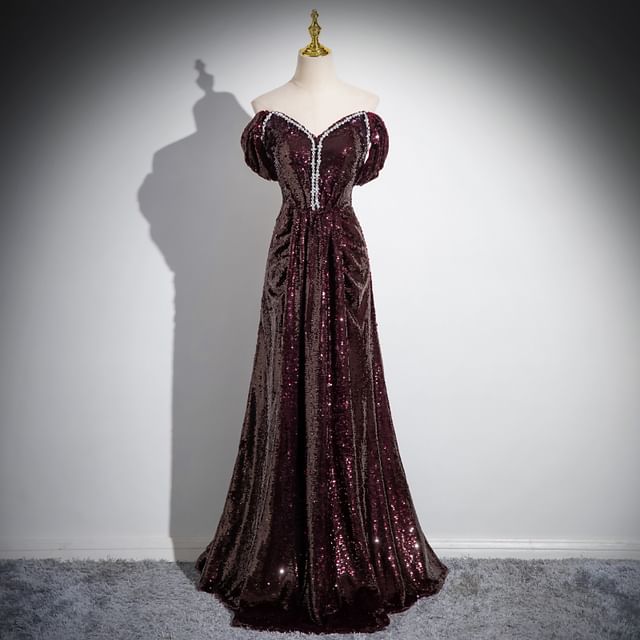 Robe de soirée trapèze unie à manches courtes et épaules dénudées avec strass et sequins