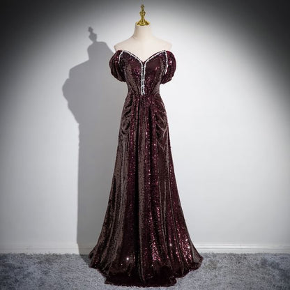 Robe de soirée trapèze unie à manches courtes et épaules dénudées avec strass et sequins