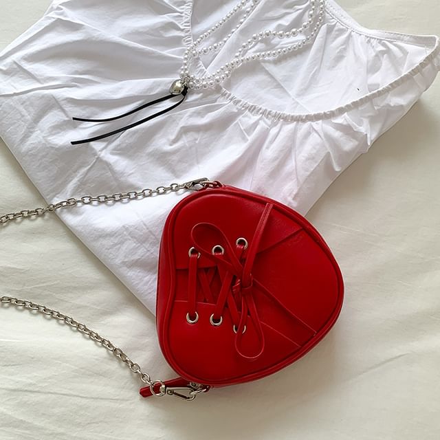 Leather Chain Bag Heart Shaped Strap Crossbody Faux Lace-Up