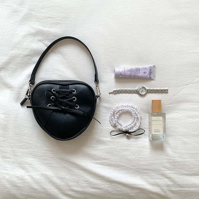 Leather Chain Bag Heart Shaped Strap Crossbody Faux Lace-Up