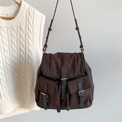 Buckled Plain Nylon Tote Flap Bag