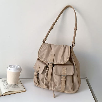 Buckled Plain Nylon Tote Flap Bag