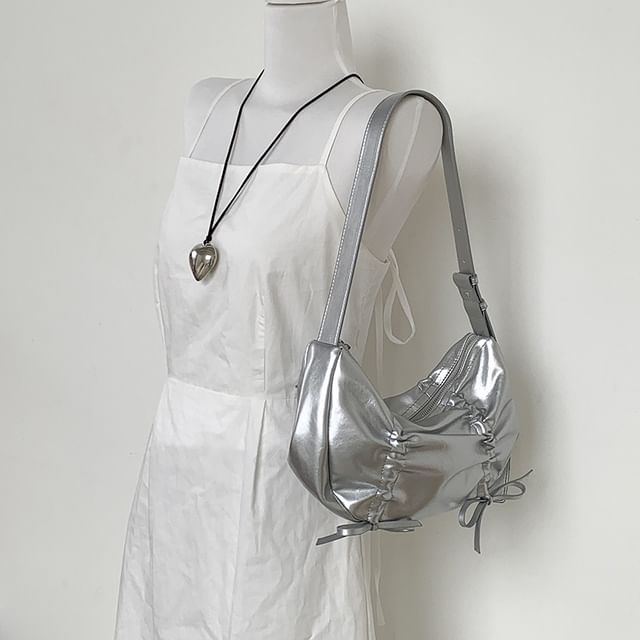 Bag Shoulder Faux Leather Drawstring Plain