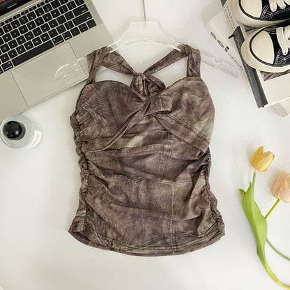 Halter Patterned Print Ruched Mesh Top