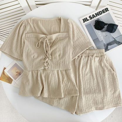 Set: Short-Sleeve Square Neck Plain Lace Up Panel Top + Elastic Waist Shorts