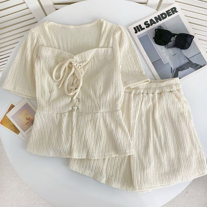 Set: Short-Sleeve Square Neck Plain Lace Up Panel Top + Elastic Waist Shorts