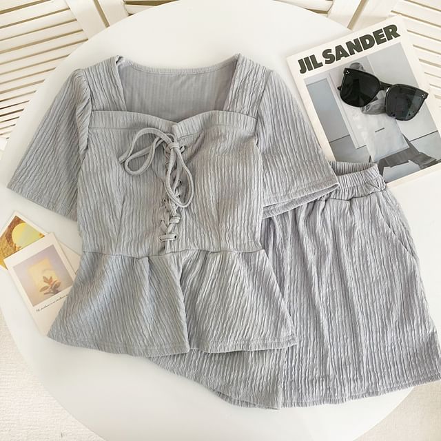 Set: Short-Sleeve Square Neck Plain Lace Up Panel Top + Elastic Waist Shorts