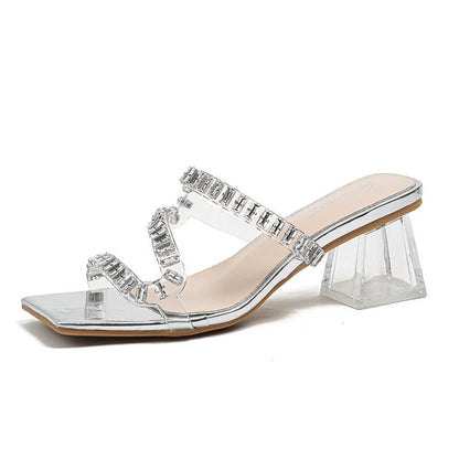 Rhinestone Chunky Heel Slide Sandals Egirldoll