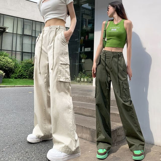 High Rise Plain Wide Leg Cargo Pants