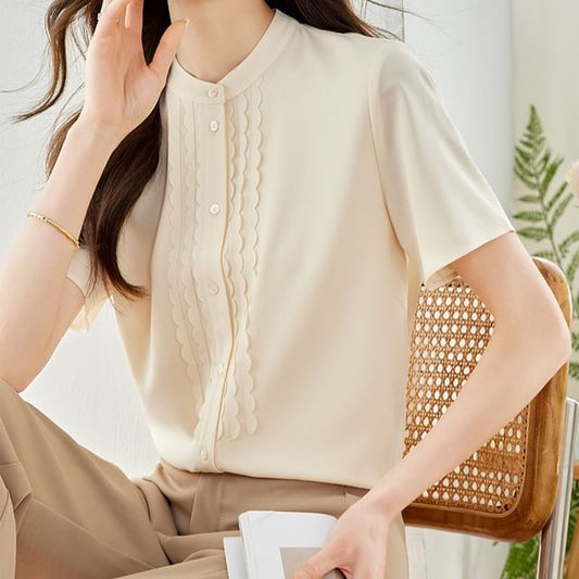 Short Sleeve Stand Collar Ruffle Trimmed Blouse