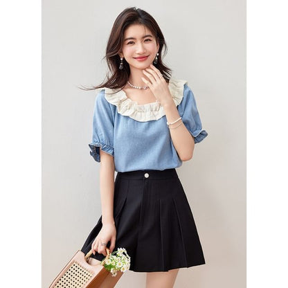 Ruffle Short Sleeve Scoop Neck Denim Top