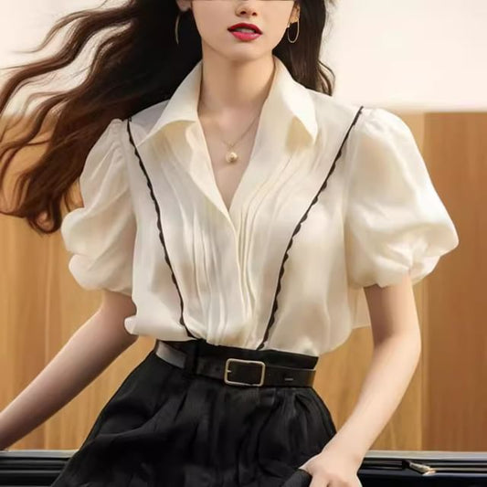 Puff-Sleeve Contrast Trim Blouse