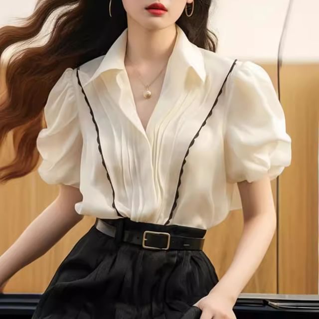 Puff-Sleeve Contrast Trim Blouse