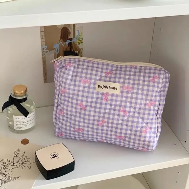 Bow Plaid Fabric Makeup Bag / Clutch / Pencil Case