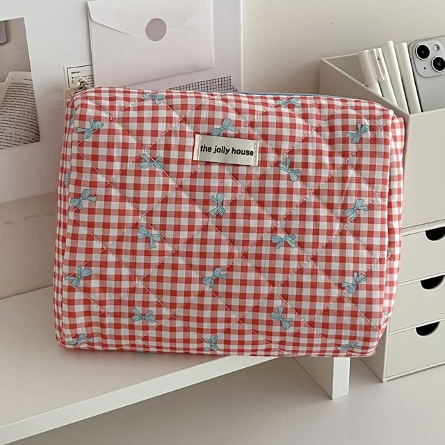 Bow Plaid Fabric Makeup Bag / Clutch / Pencil Case