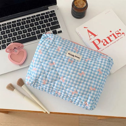 Bow Plaid Fabric Makeup Bag / Clutch / Pencil Case