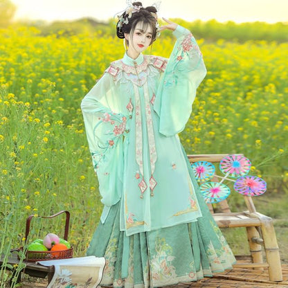 Set: Floral Embroidered Hanfu Long Blouse + Camisole Top + Maxi Skirt + Scarf