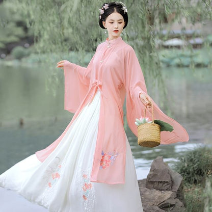 Set: Floral Embroidered Hanfu Top + Mid Rise Maxi Skirt