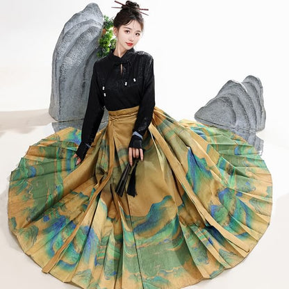 Tie Neck Hanfu Top / Mid Rise Print Maxi Skirt / Set