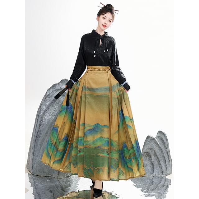 Tie Neck Hanfu Top / Mid Rise Print Maxi Skirt / Set