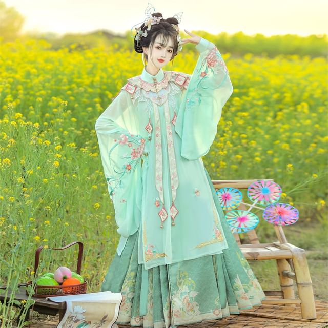 Set: Floral Embroidered Hanfu Long Blouse + Camisole Top + Maxi Skirt + Scarf