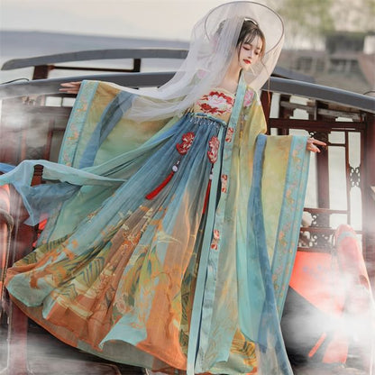 Set: Floral Embroidered Hanfu Maxi Dress + Long Light Jacket + Scarf + Fish Hanging Deco