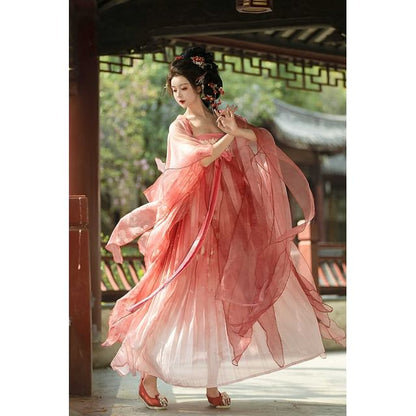 Floral Embroidered Hanfu Long Top / Spaghetti Strap Maxi Dress / Set