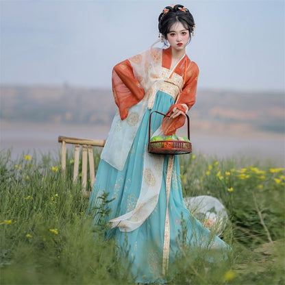 Set: Floral Hanfu Maxi Dress + Long Light Jacket