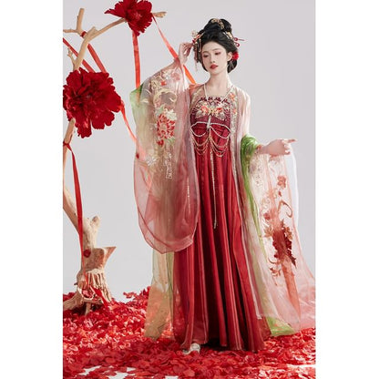 Set: Floral Embroidered Hanfu Maxi Dress + Long Light Jacket + Scarf