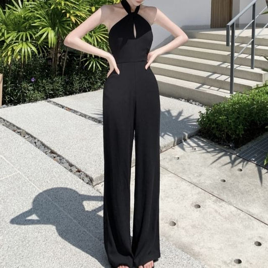 Halter Plain Cutout Loose Fit Jumpsuit