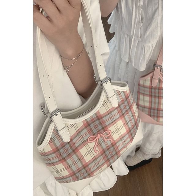 Bow Embroidered Plaid Panel Tote Bag