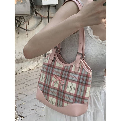 Bow Embroidered Plaid Panel Tote Bag