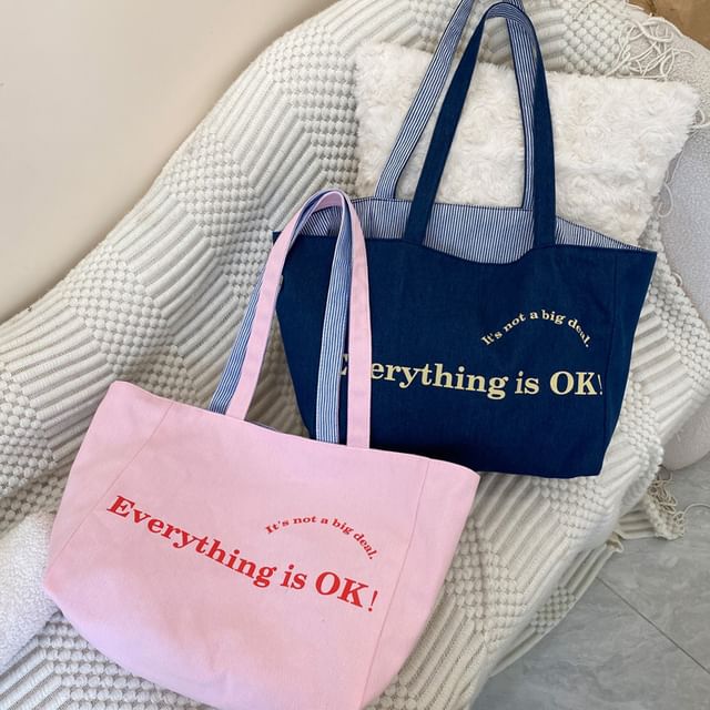 Lettering Print Canvas Tote Bag