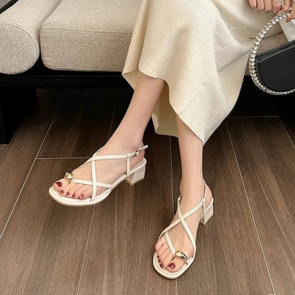 Heel Plain Metal Sandals Toe Loop Slingback Accent Chunky