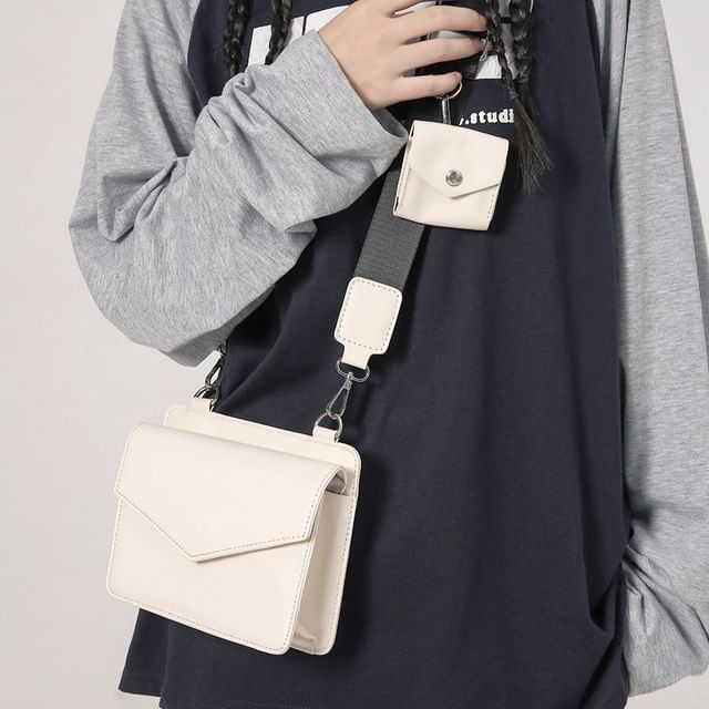 Set: Faux Leather Plain Flap Crossbody Bag + Coin Purse