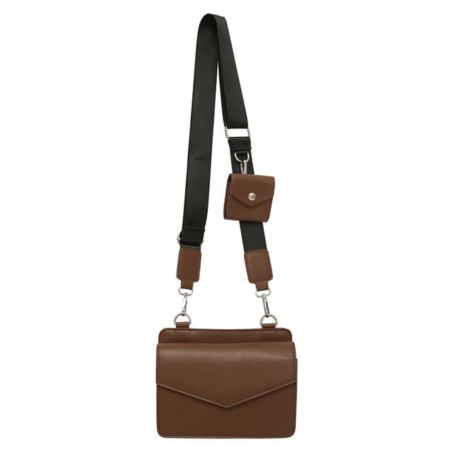 Set: Faux Leather Plain Flap Crossbody Bag + Coin Purse