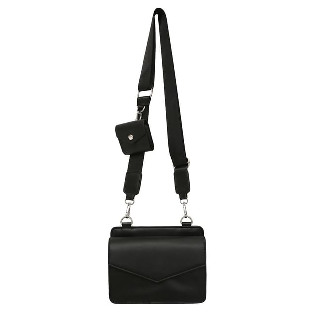 Set: Faux Leather Plain Flap Crossbody Bag + Coin Purse