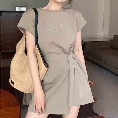 Two Lettering Neck Mini A-Line Crew Plain Short-Sleeve Dress Piece Mock Embossed