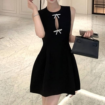 Plain Cutout Bow Mini Dress Neck Round A-Line Sleeveless Rhinestone